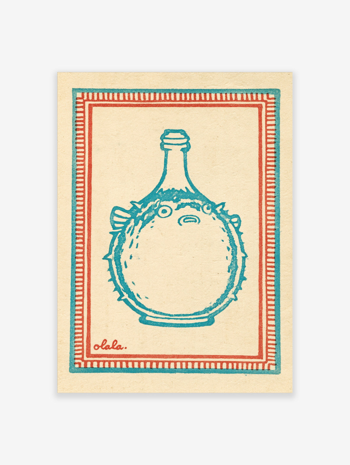 Teal blue pufferfish inside a glass bottle with red script text and striped border on cream background
