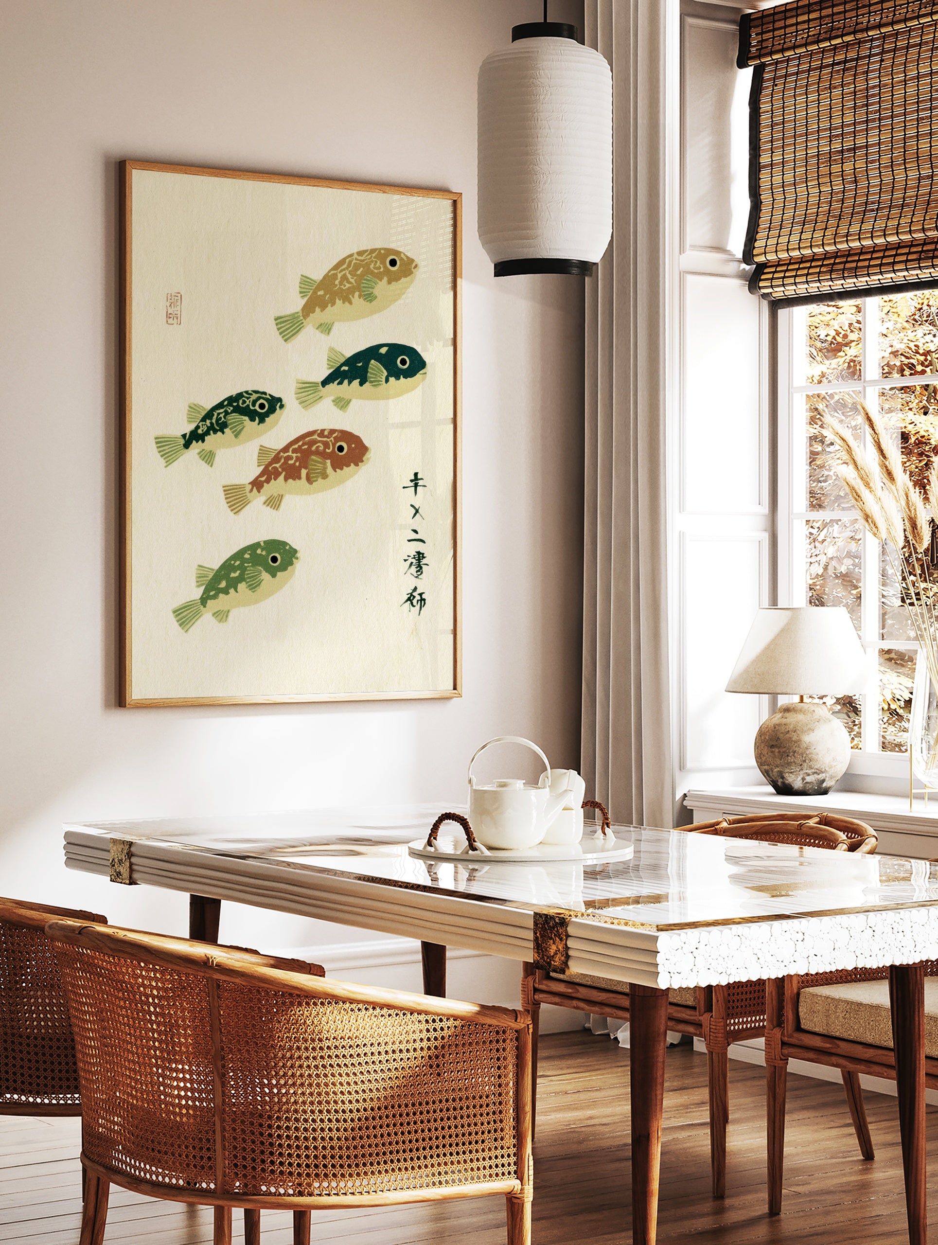 Japanese-style woodblock print with five pufferfish in varied green and brown tones, featuring, in a styled room mockup