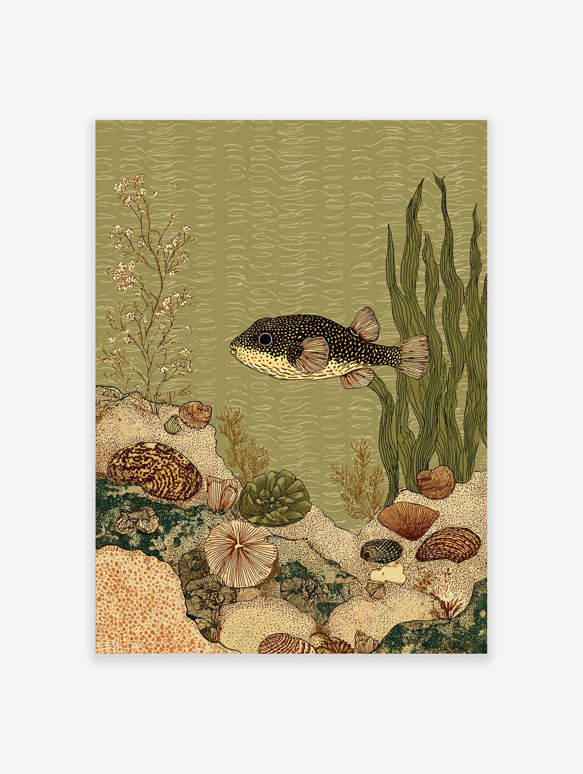 Illustrative pufferfish in an underwater scene with coral, shells, and seaweed in green and beige tones