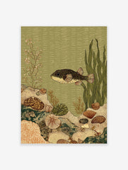Illustrative pufferfish in an underwater scene with coral, shells, and seaweed in green and beige tones