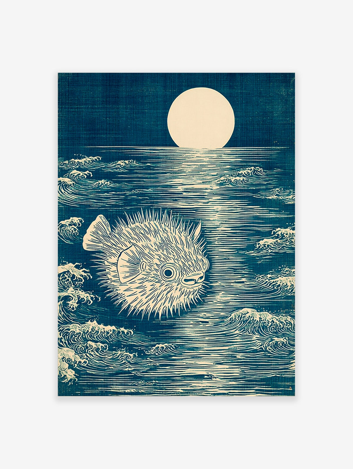 Japanese woodblock style art print of a spiky pufferfish in a dark blue moonlit ocean with waves
