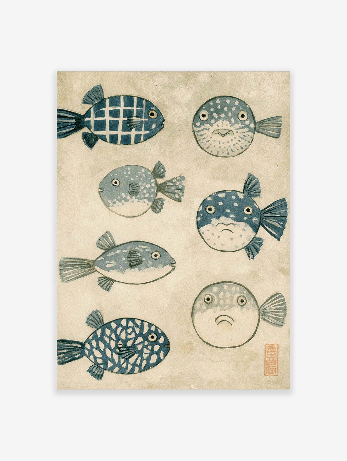 Japanese style pufferfish illustration with six distinct fish in blue and white on an aged paper background wall art print