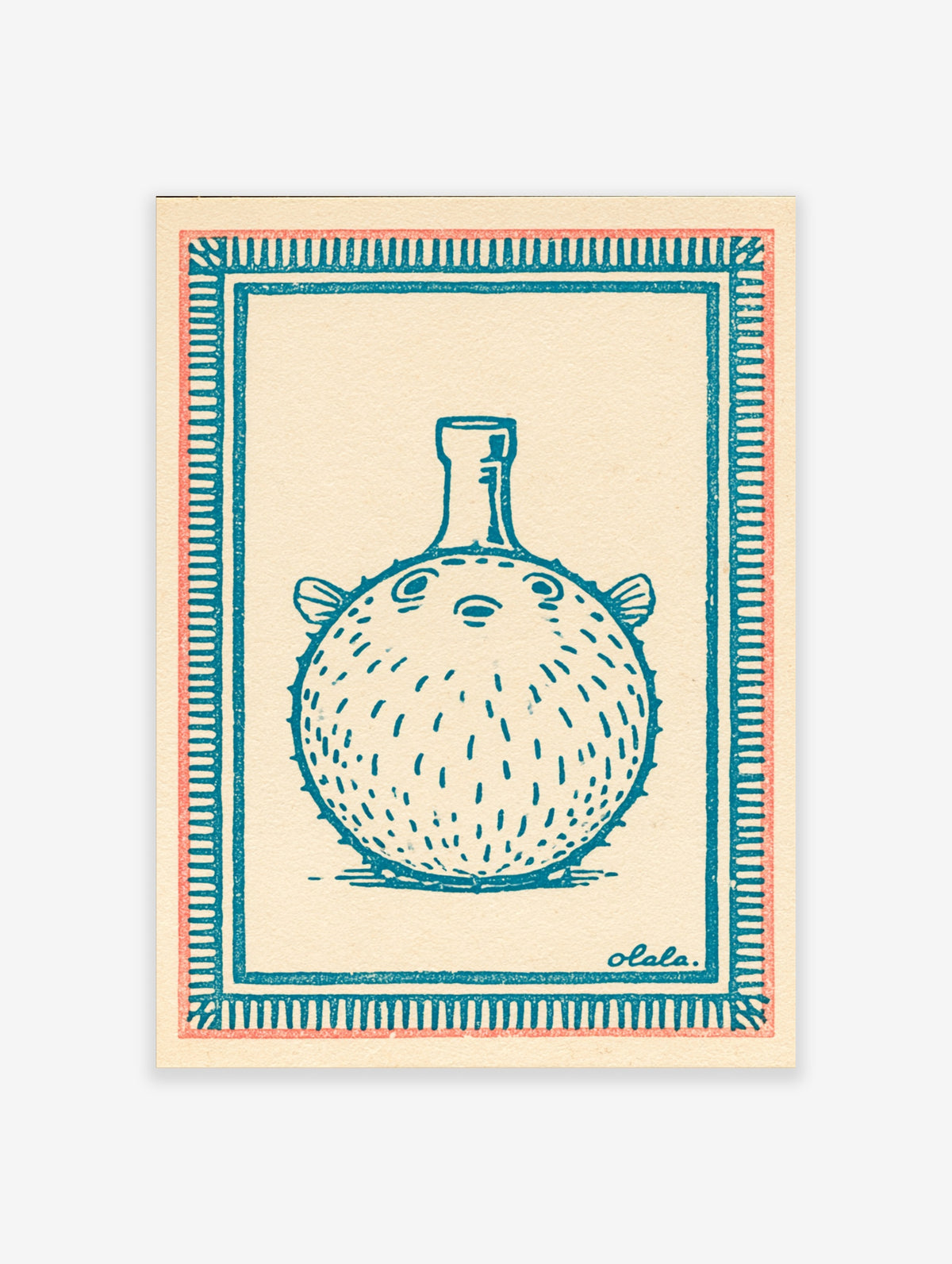 Blue pufferfish art print with dotted body, fins, and bottle-shaped top on cream background