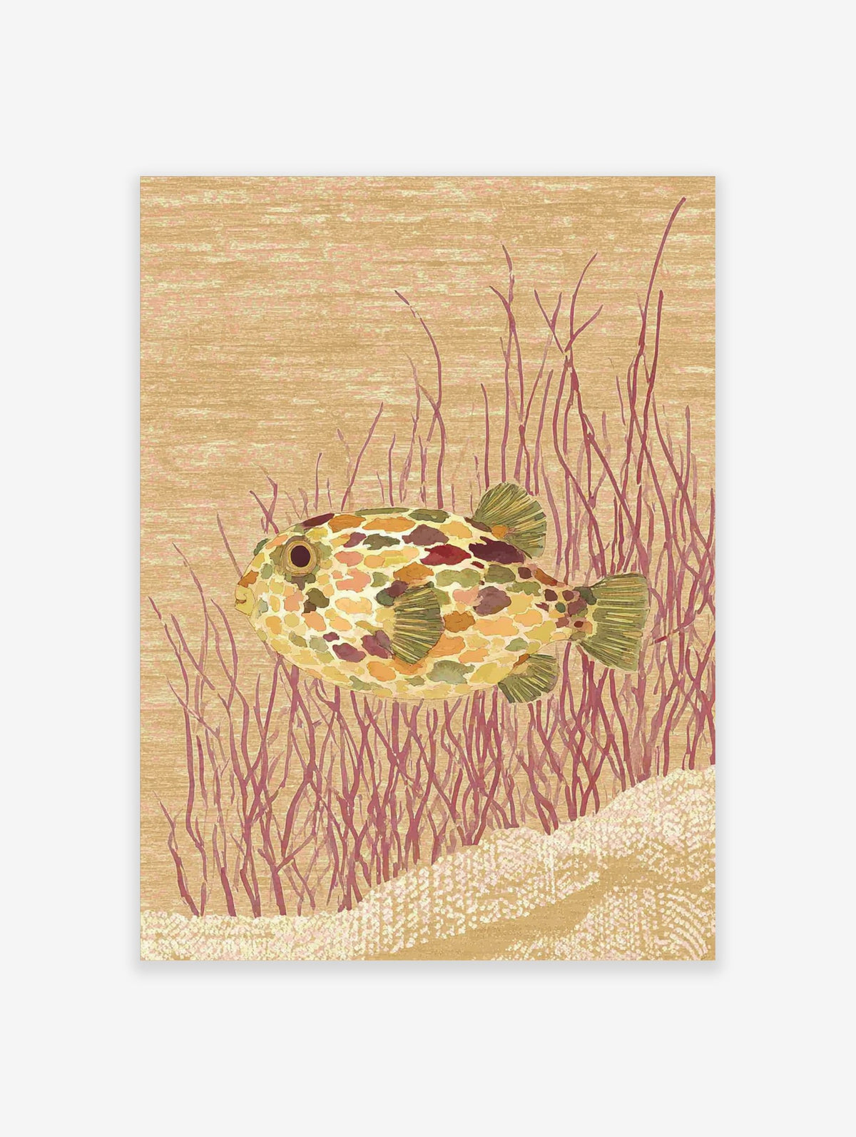 Illustrative pufferfish wall art print with colourful mottled skin, red underwater plants, and a sandy seabed