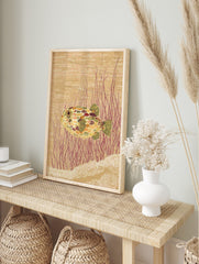 Illustrative pufferfish wall art print with colourful mottled skin, red underwater plants, in an alternate framed mockup
