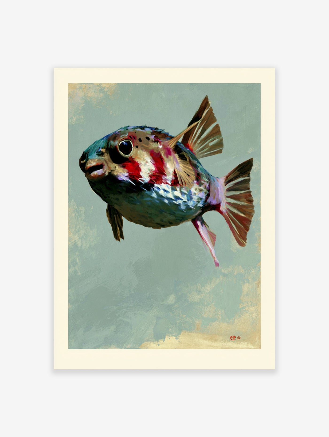 Illustrative pufferfish wall art print with red, blue, and white colours on a muted green textured background