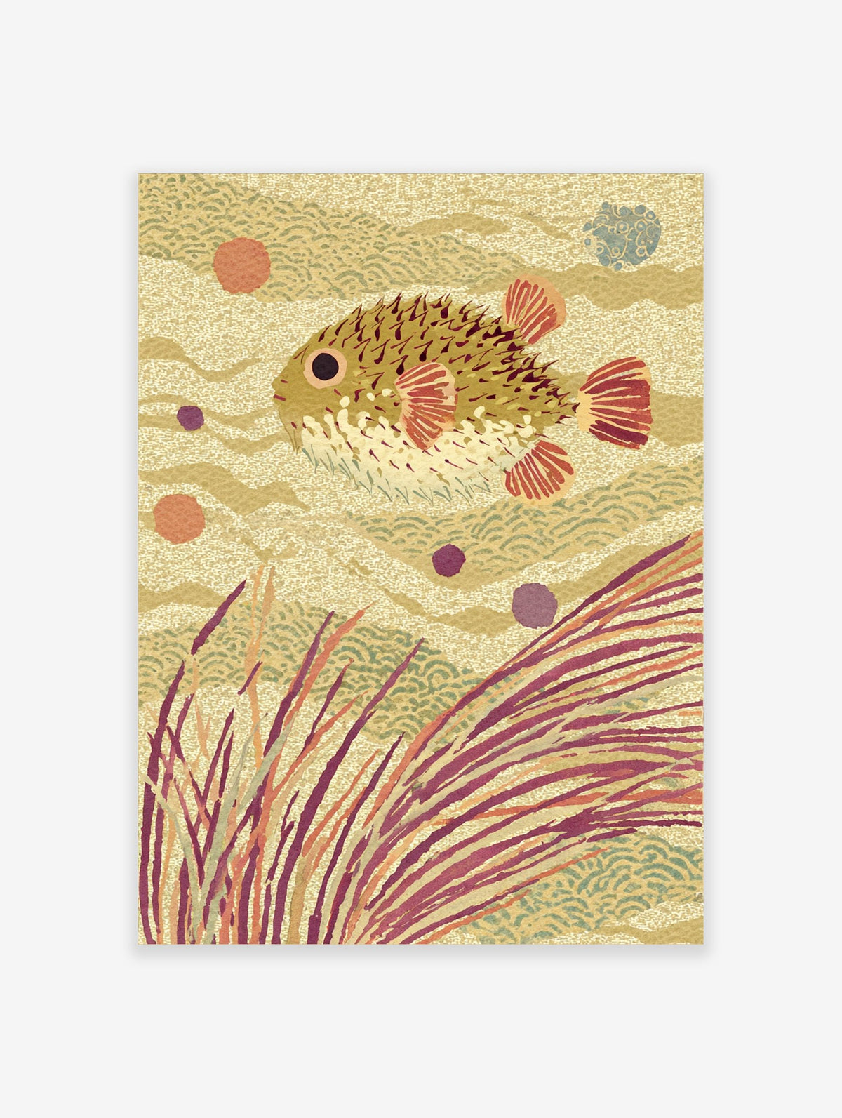 Illustrative pufferfish swimming among seaweed and wavy patterns in warm earth tones