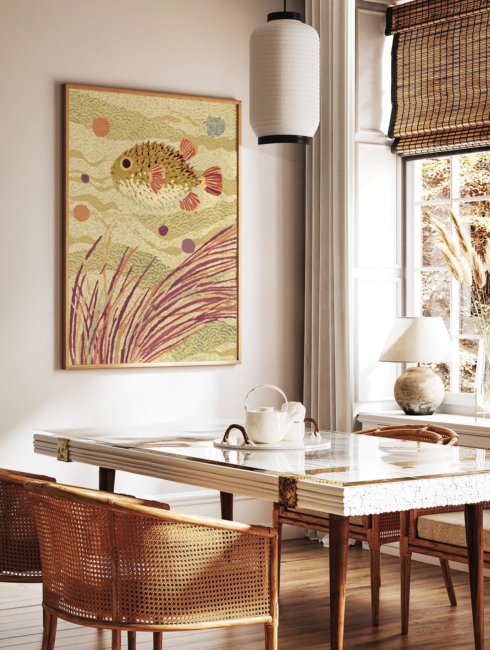 Illustrative pufferfish swimming among seaweed and wavy patterns in warm earth tones, in a styled room mockup