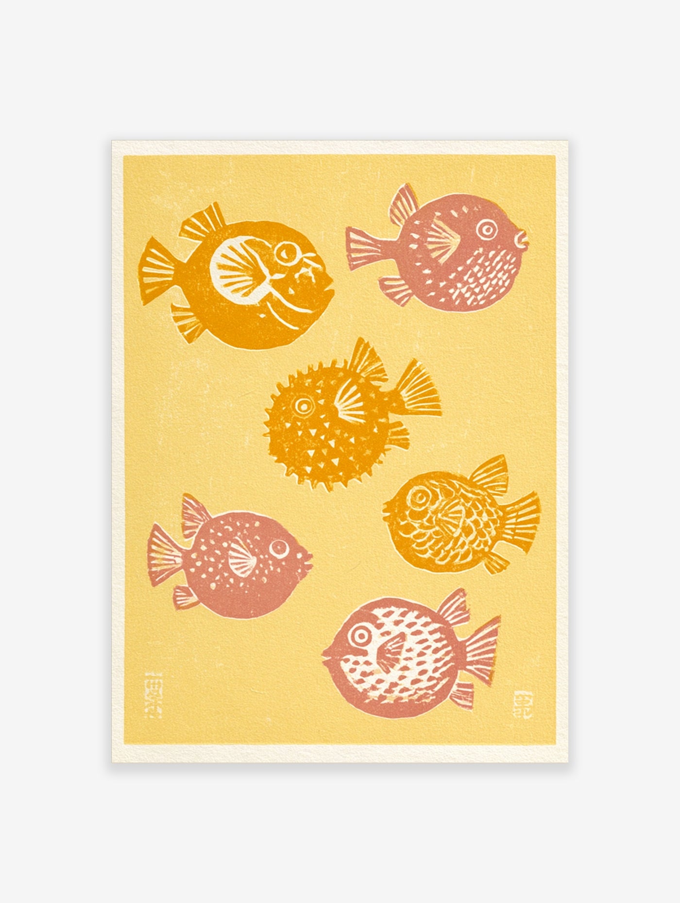 Five illustrative pufferfish in orange and red on a yellow background, linocut style marine art print