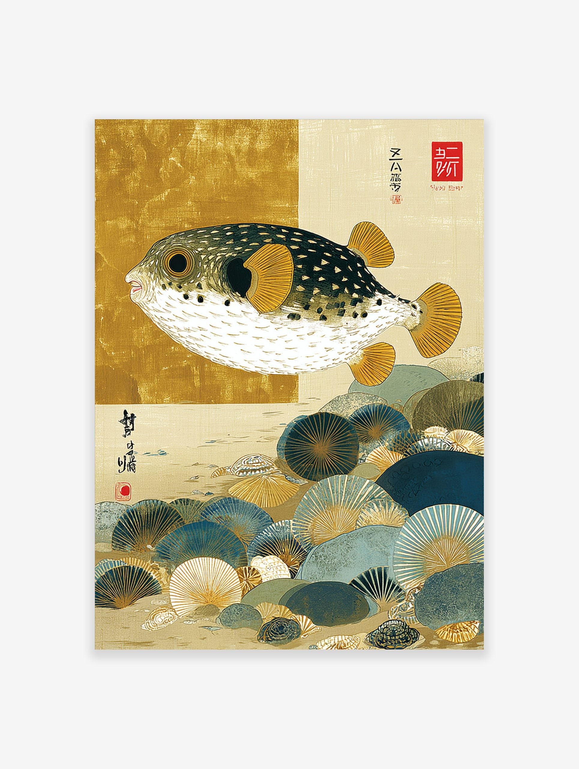 Japanese illustrative print of a pufferfish with gold fins swimming over blue and gold fan-like shells