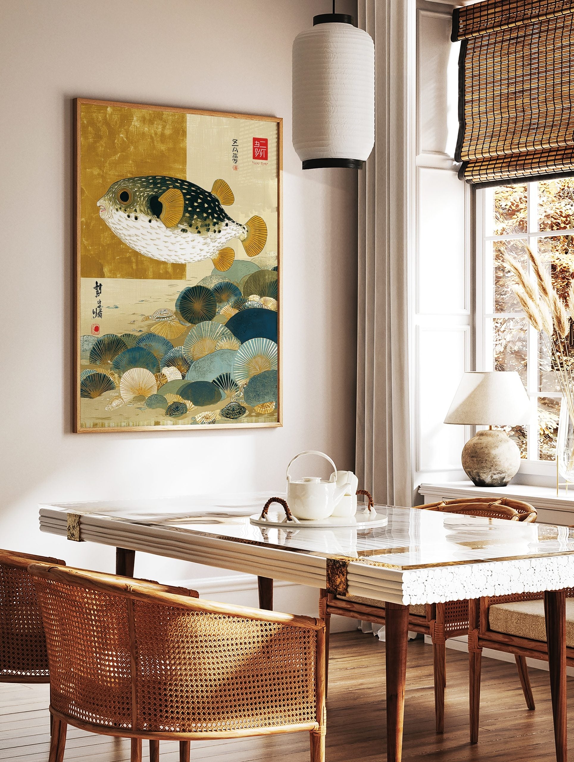 Japanese illustrative print of a pufferfish with gold fins swimming over blue and gold fan-like, in a styled room mockup