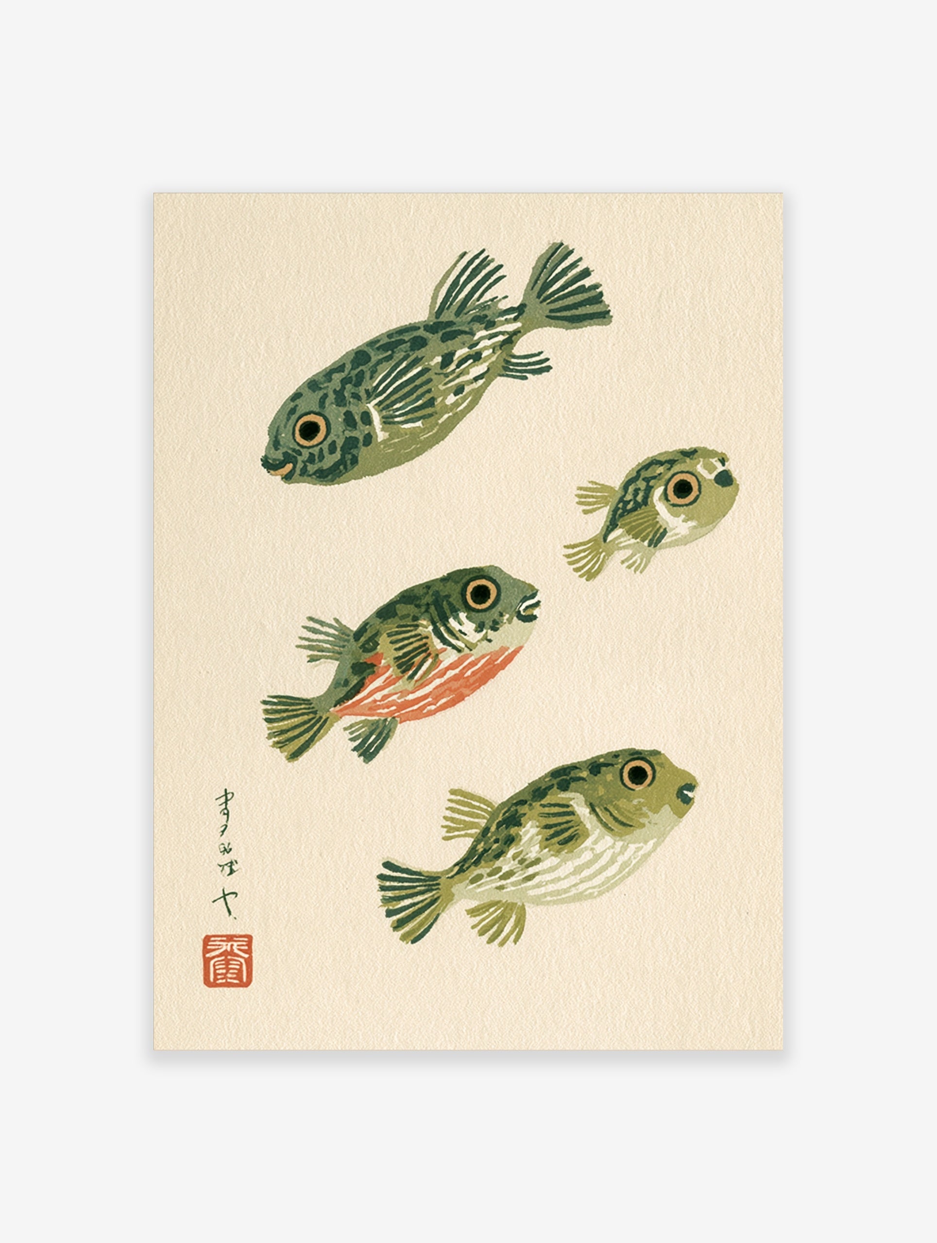 Stylised pufferfish illustration with Japanese calligraphy and red seal on cream background