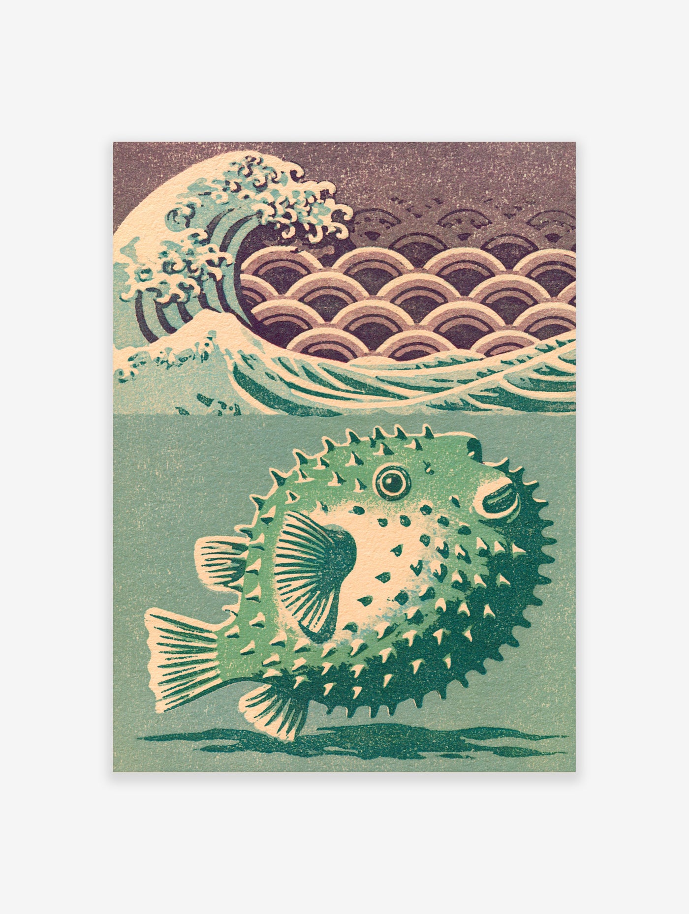 Green pufferfish with spikes and Japanese wave pattern in teal and cream, unframed paper print