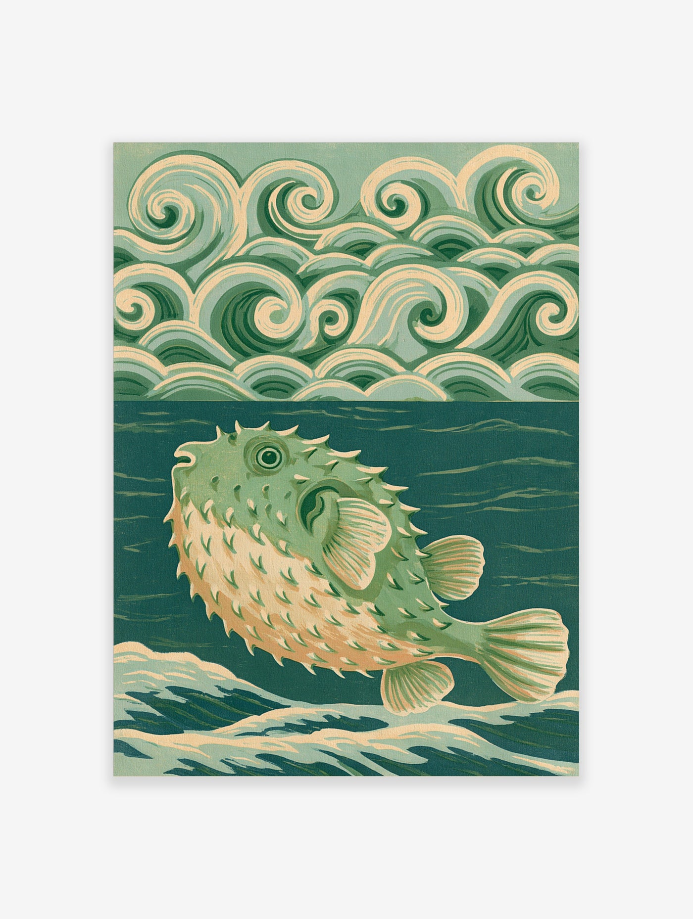 Pufferfish wall art with green waves and cream accents, Japanese-inspired illustration