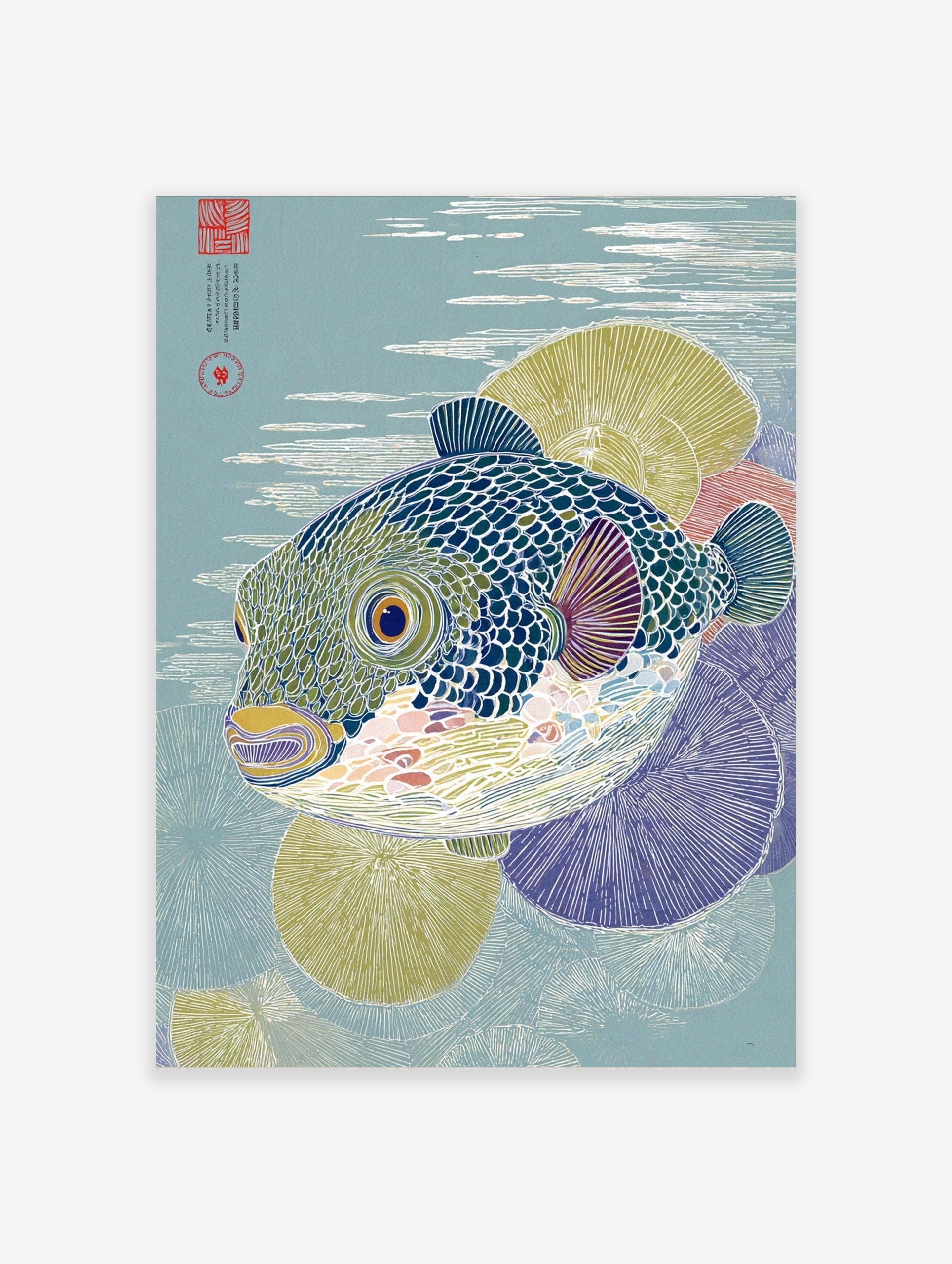 Pufferfish art print in Japanese woodblock style with blue-green scales and water ripples