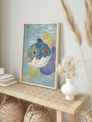 Pufferfish art print in Japanese woodblock style with blue-green scales and water ripples, in an alternate framed mockup