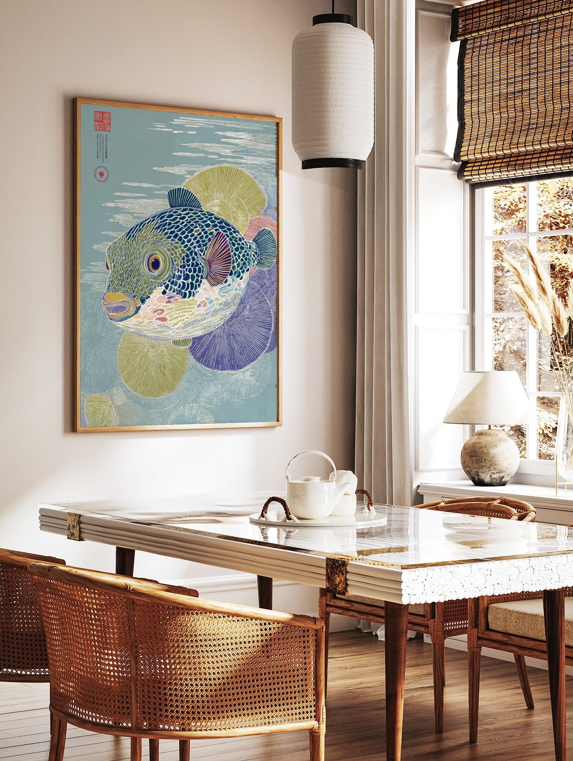 Pufferfish art print in Japanese woodblock style with blue-green scales and water ripples, in a styled room mockup