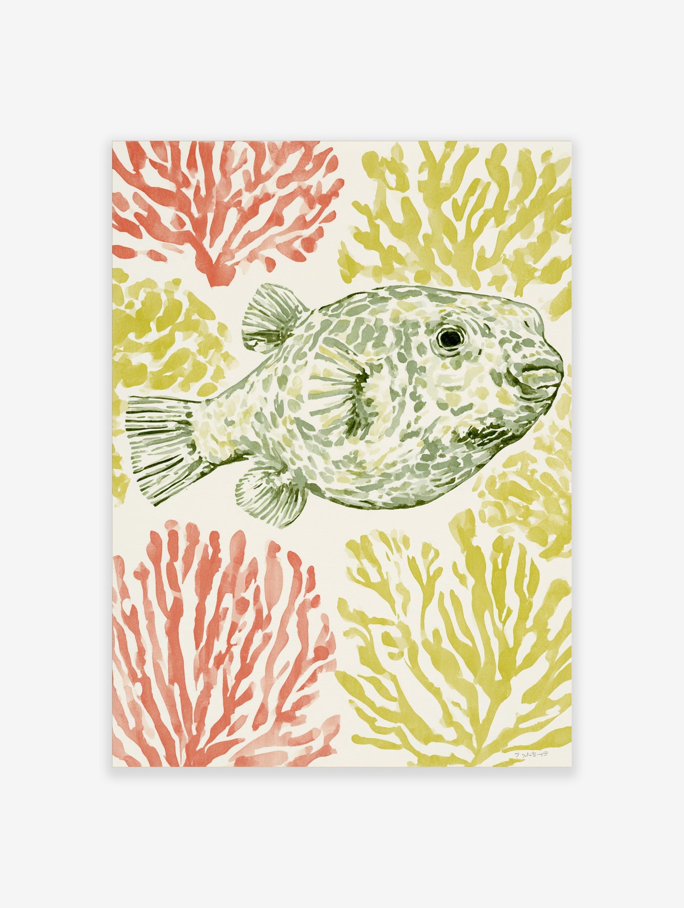Illustrative pufferfish wall art with green and coral coral motifs on a cream background