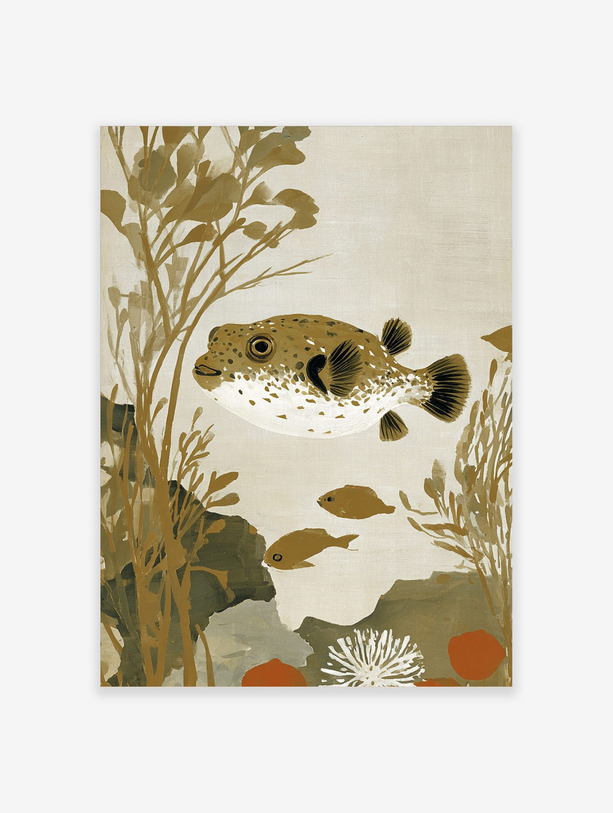 Illustrative pufferfish with brown spots and white underside, swimming amongst golden seaweed and small fish in earth tones