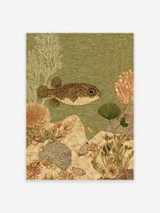 Spotted pufferfish swimming right in green water with white and brown coral, plants, and shells on seabed