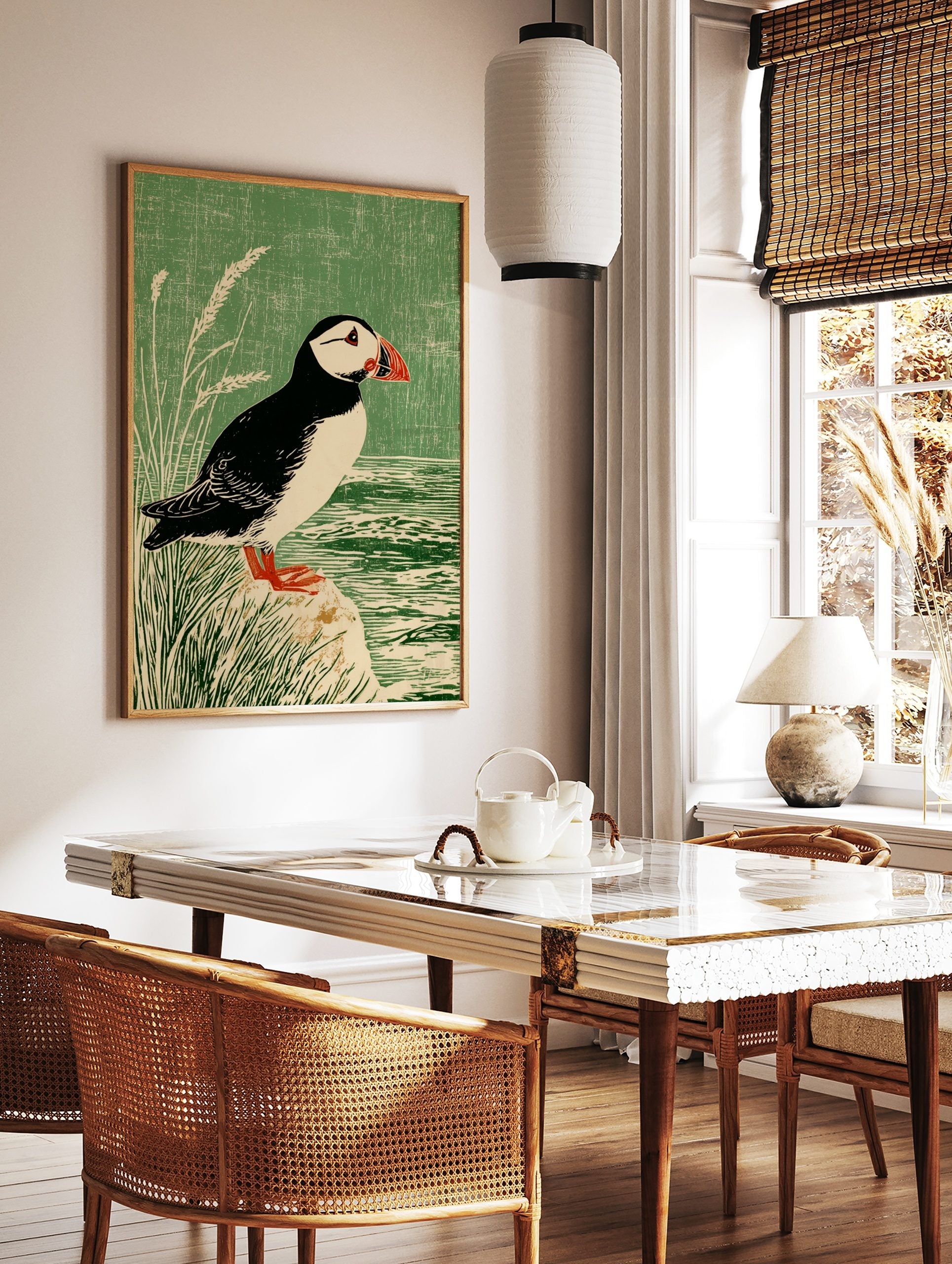 Illustrative print of a puffin bird with a red beak, standing on a rock by water and green grass, in a styled room mockup