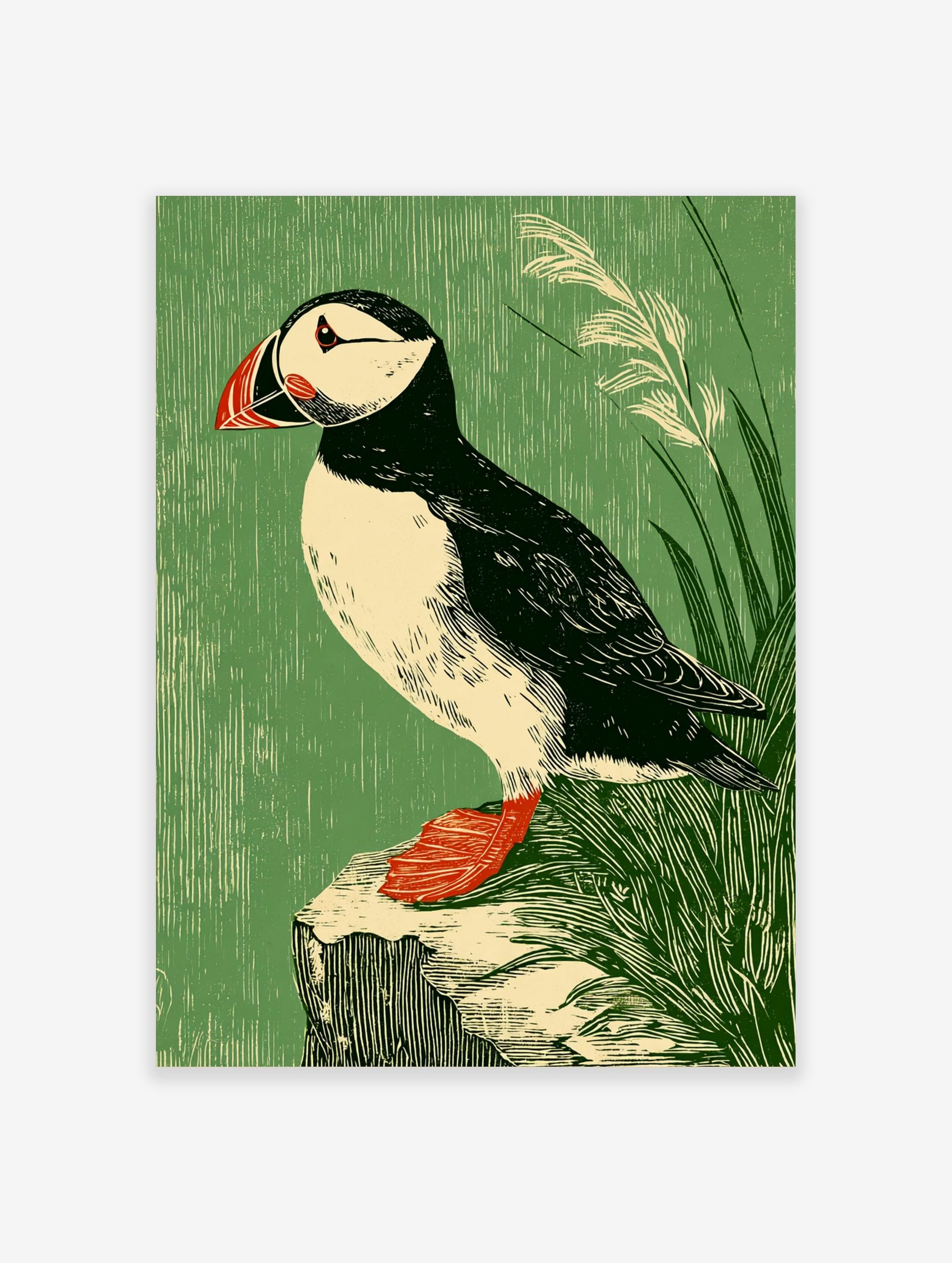Illustrative puffin bird art print with black, white, red, and green tones, perched on a rock with grass