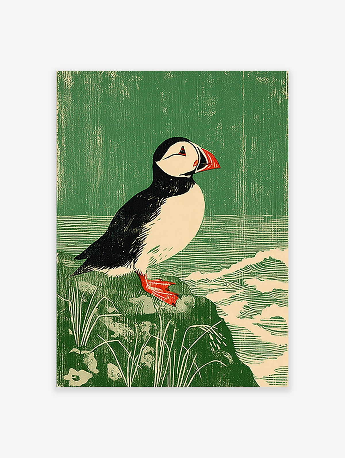 Atlantic Puffin bird print in linocut style on a rock with green background and waves
