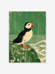 Atlantic Puffin bird print in linocut style on a rock with green background and waves