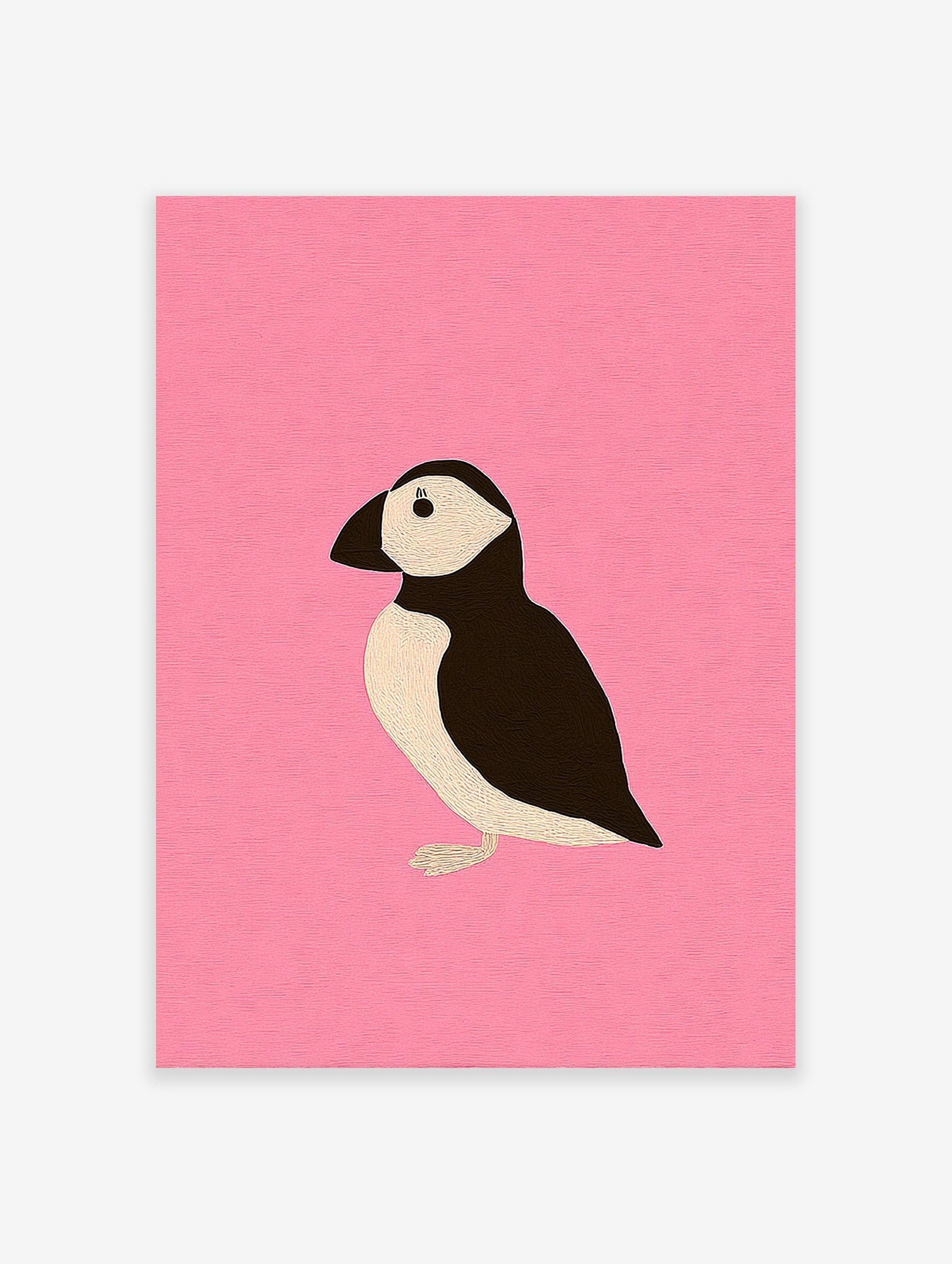 Minimalist black and white puffin bird illustration on a textured pink background art print