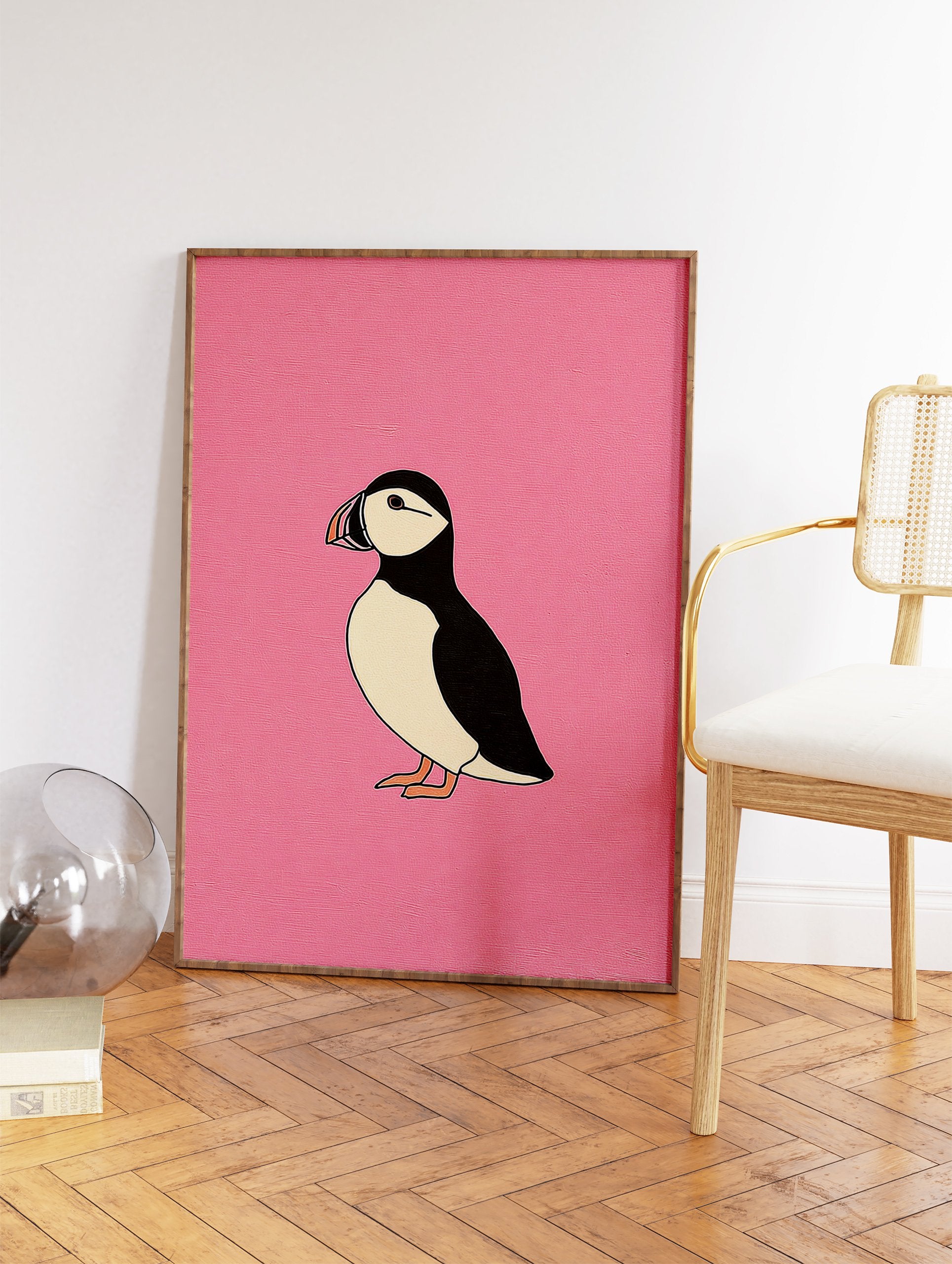 Minimalist puffin bird illustration art print on a vibrant pink background, showcasing the bird's black and white plumage. - Image 2