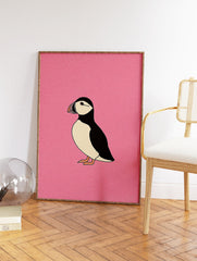 Minimalist puffin bird illustration art print on a vibrant pink background, showcasing the bird's black and white plumage. - Image 2