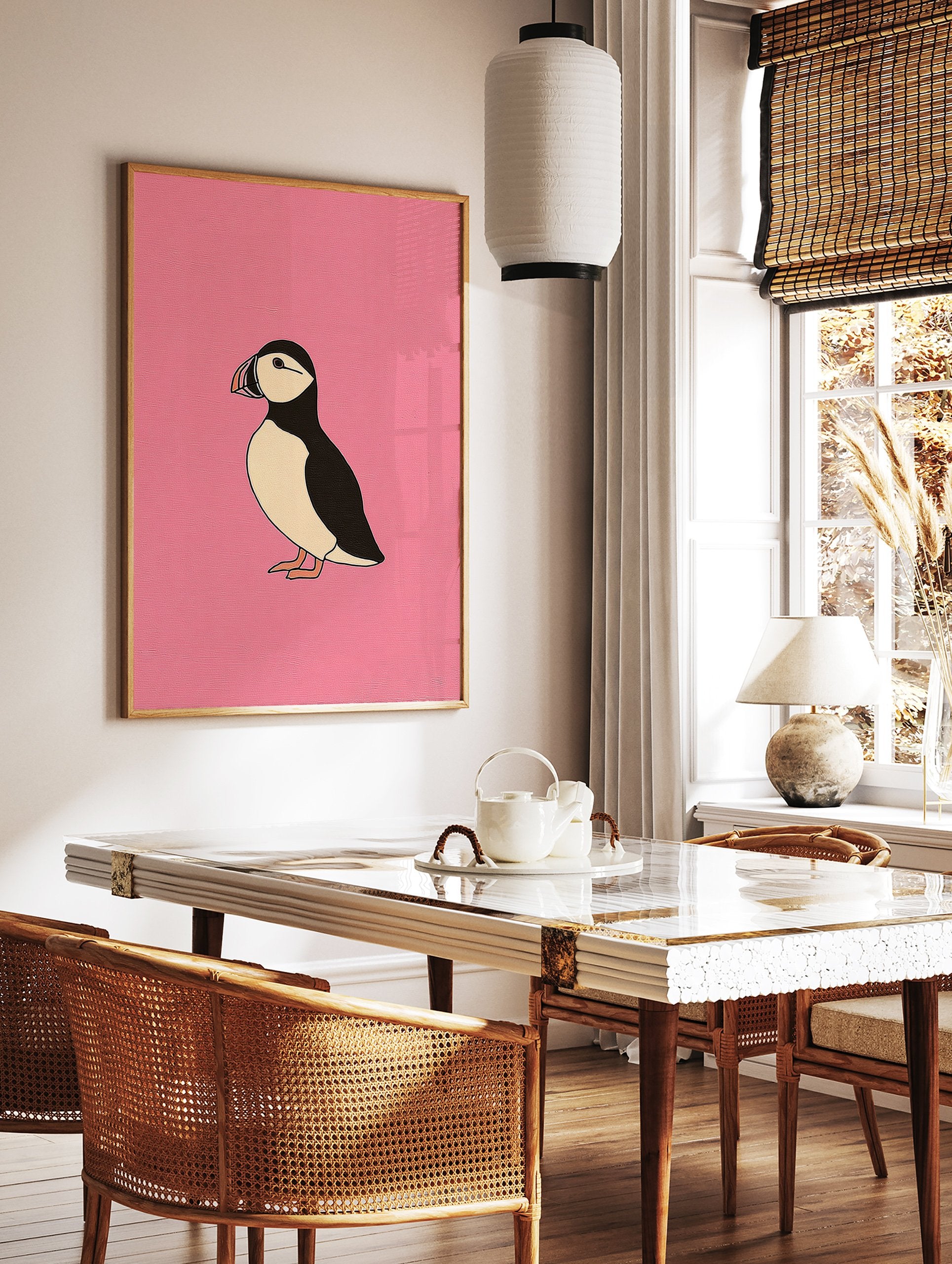 Minimalist puffin bird illustration art print on a vibrant pink background, showcasing the bird's black and white plumage. - Image 3