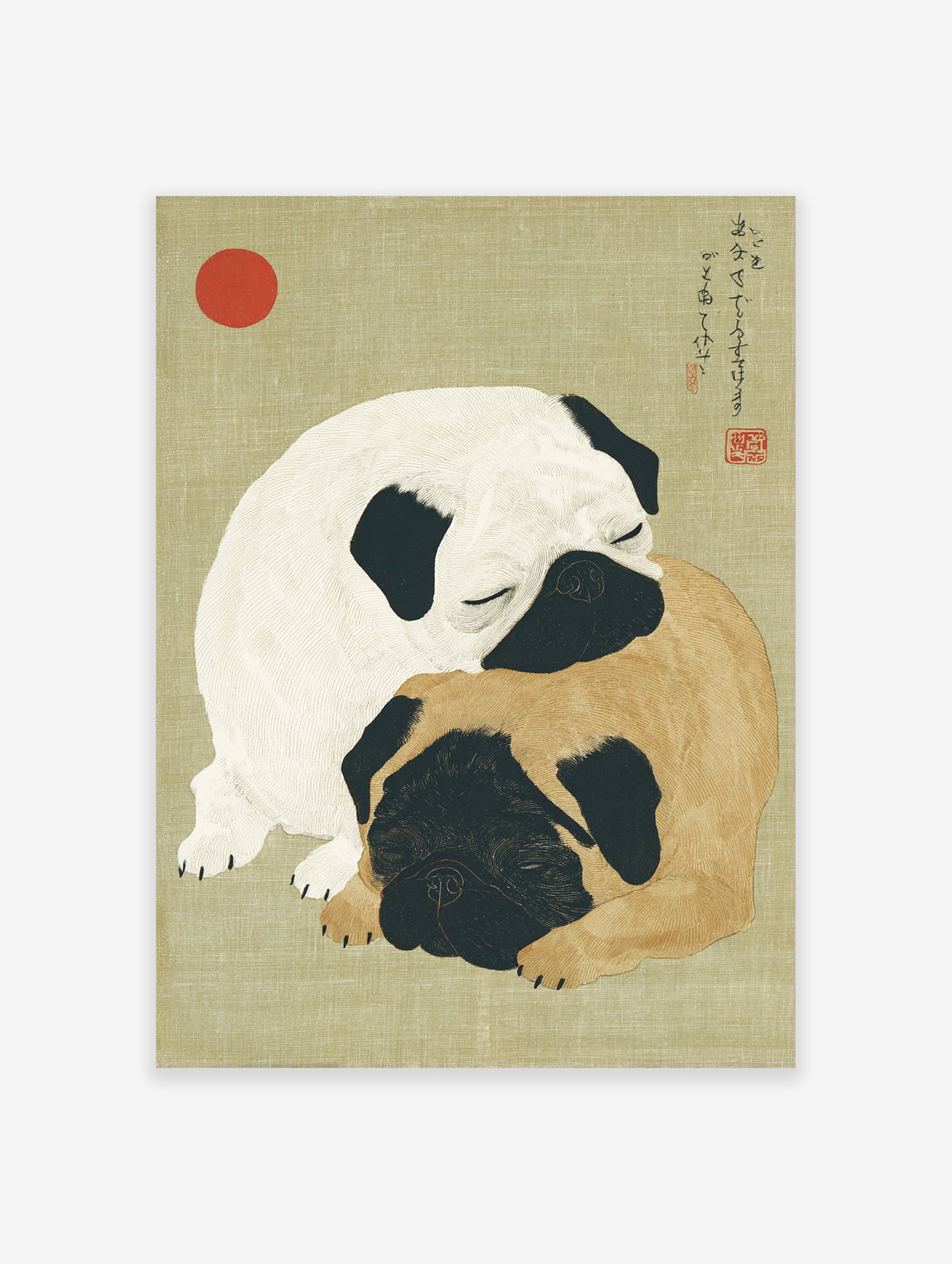 Two sleeping fawn and white pug dogs cuddling in an illustrated Japanese style pug wall art print with a red sun & calligraphy.