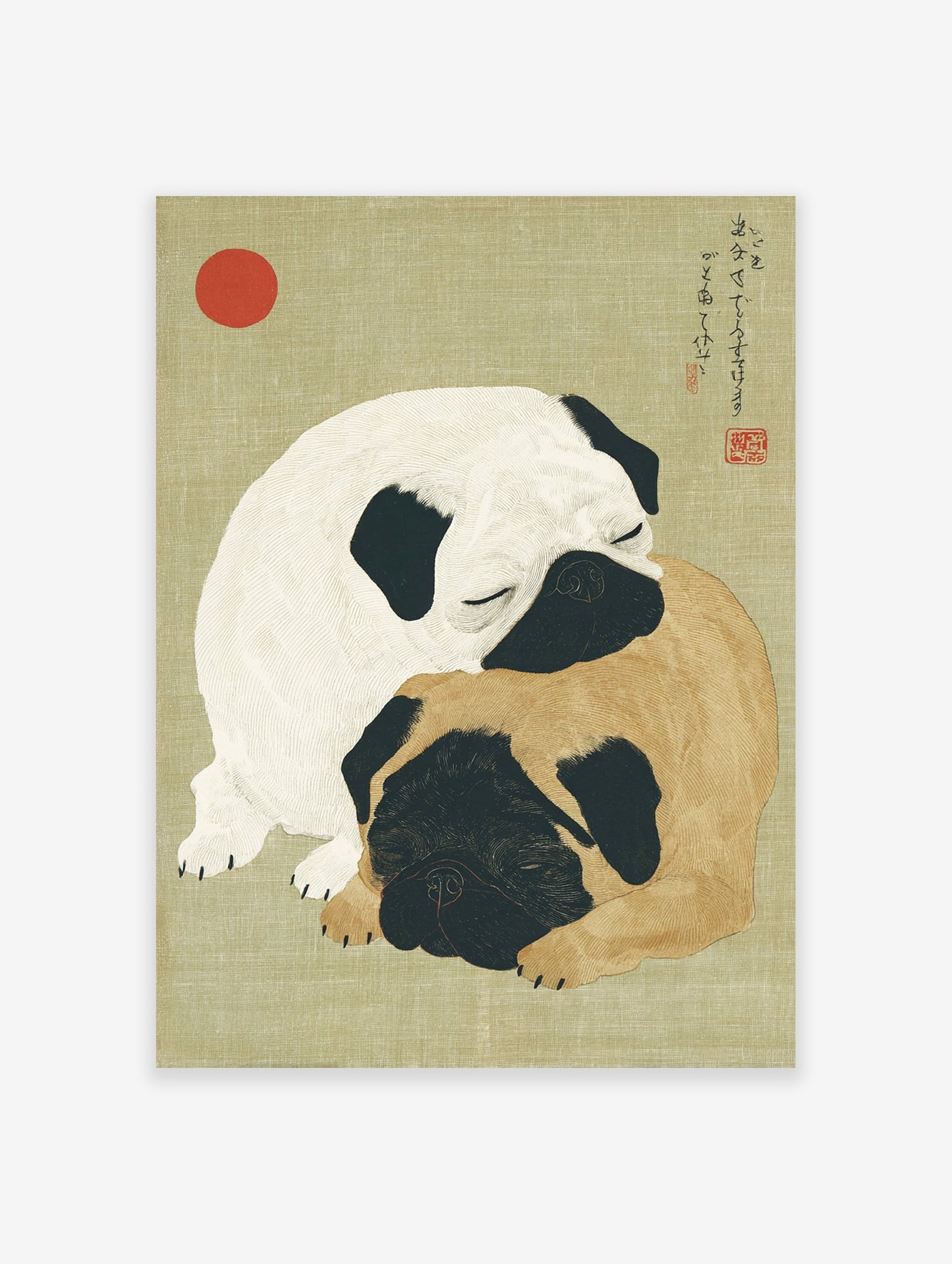 Two sleeping fawn and white pug dogs cuddling in an illustrated Japanese style pug wall art print with a red sun & calligraphy.