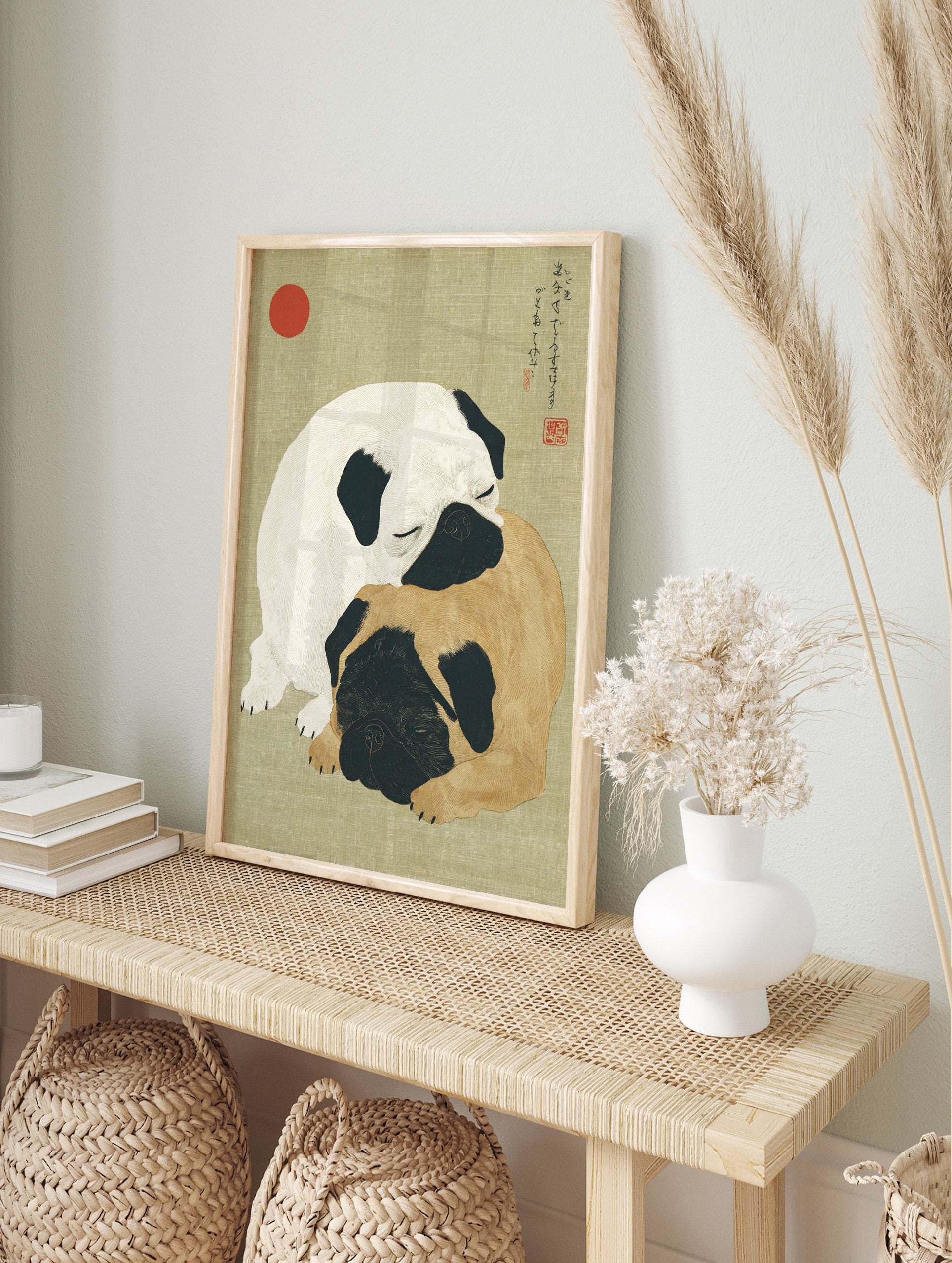 Two sleeping fawn and white pug dogs cuddling in an illustrated Japanese style pug wall art print with a red sun & calligraphy. - Image 3