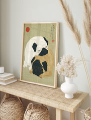 Two sleeping fawn and white pug dogs cuddling in an illustrated Japanese style pug wall art print with a red sun & calligraphy. - Image 3