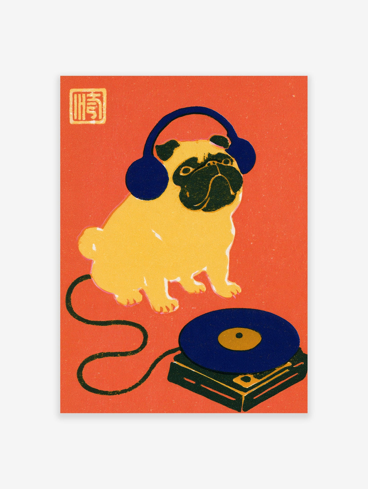 Illustration of a pug wearing blue headphones next to a vinyl record player on a bright orange background
