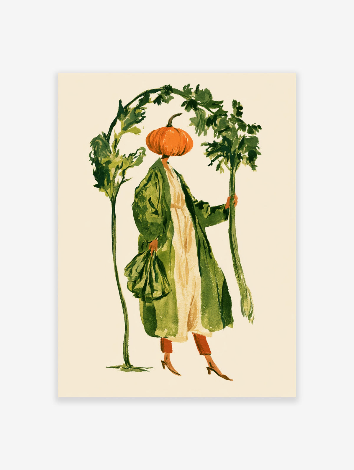 Surreal poster of a figure with a pumpkin head holding a leafy branch, wearing a green coat and cream dress