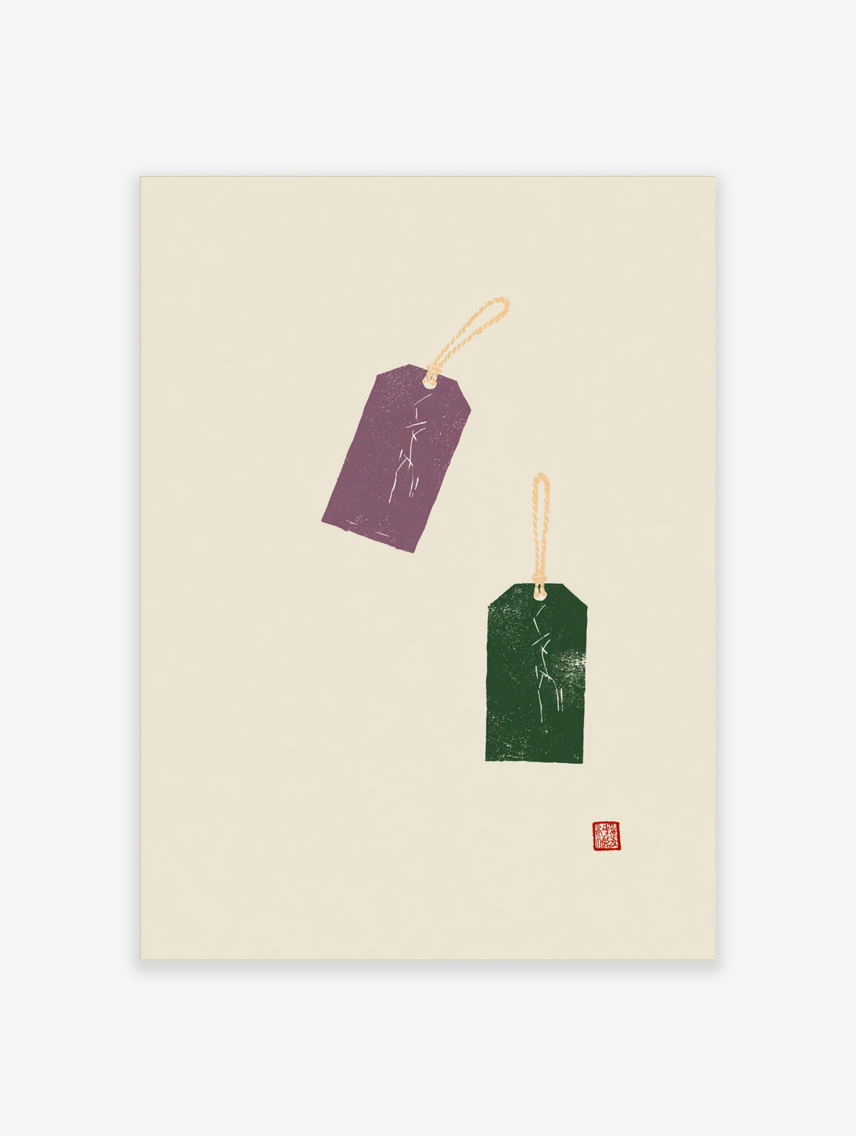 Minimalist art print of two hanging tags in purple and green with white line details on beige background