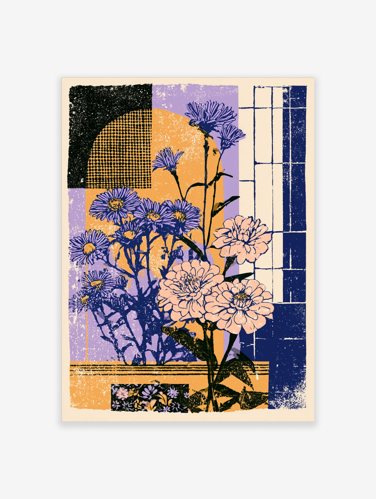 Purple aster and pink zinnia flower poster with geometric blocks and blue grid