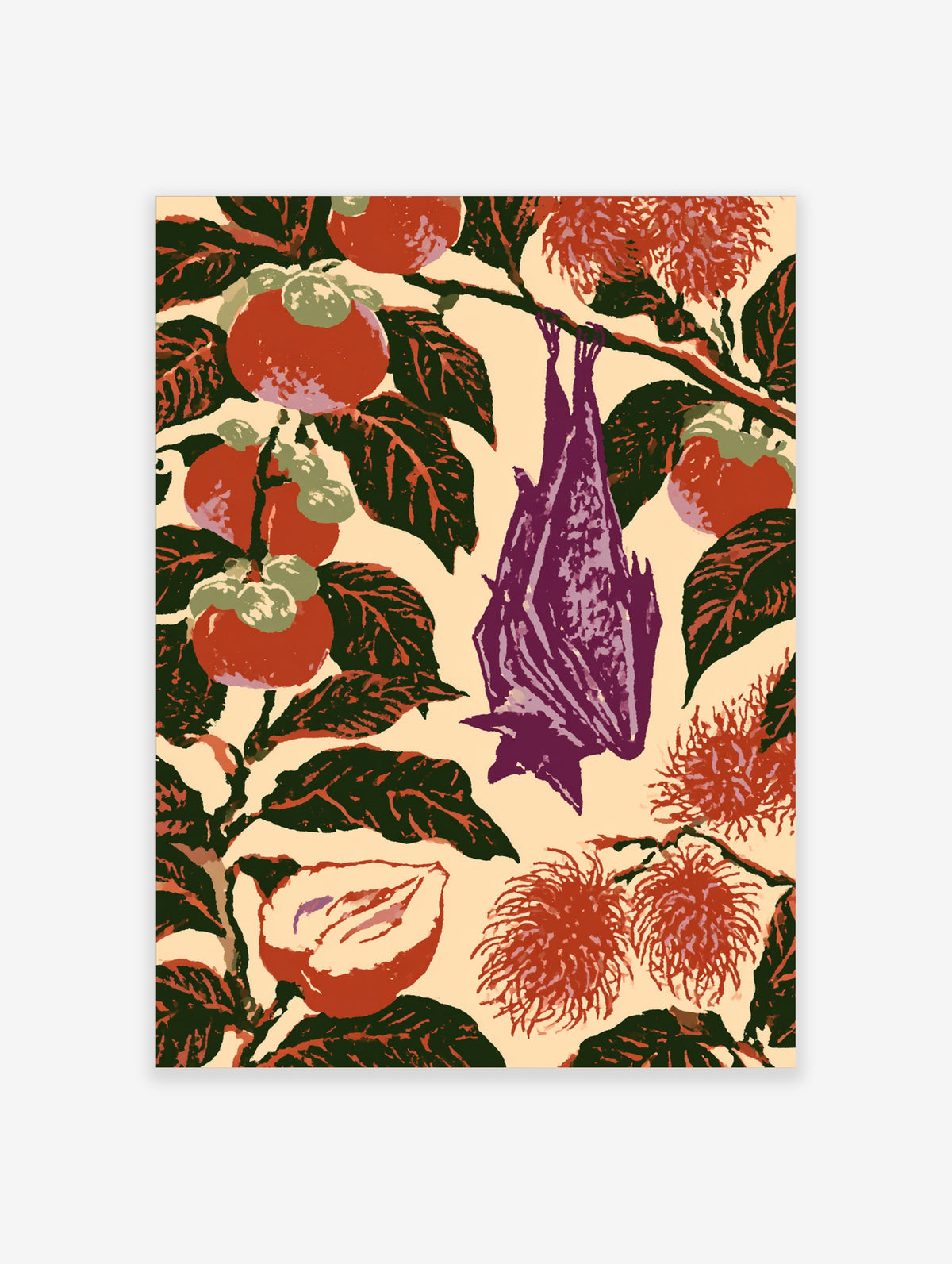 Purple bat hanging upside down among red persimmons and green leaves on cream background, Japanese style art print