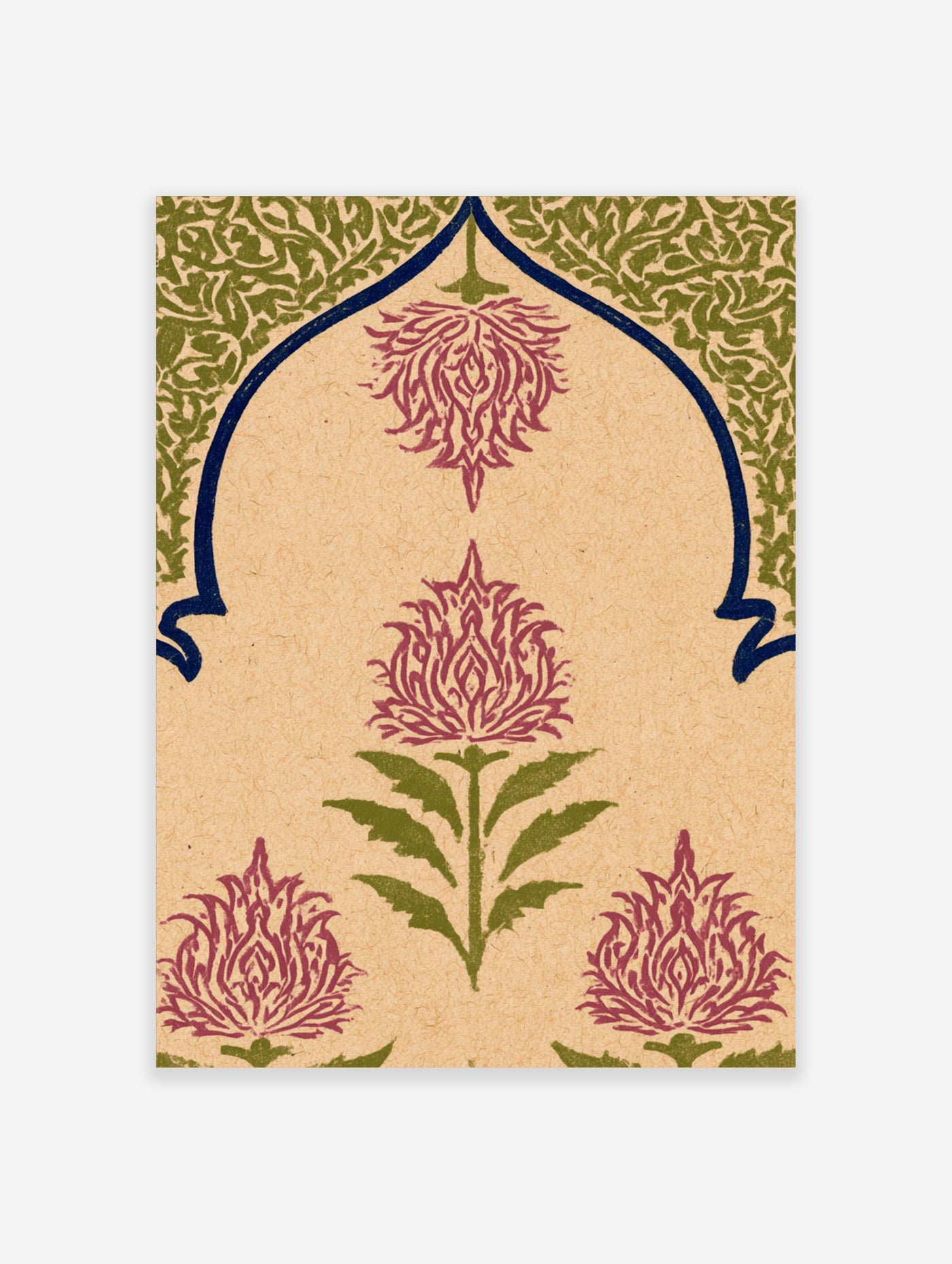 Purple botanical flower illustration with green leaves and blue arch on beige background