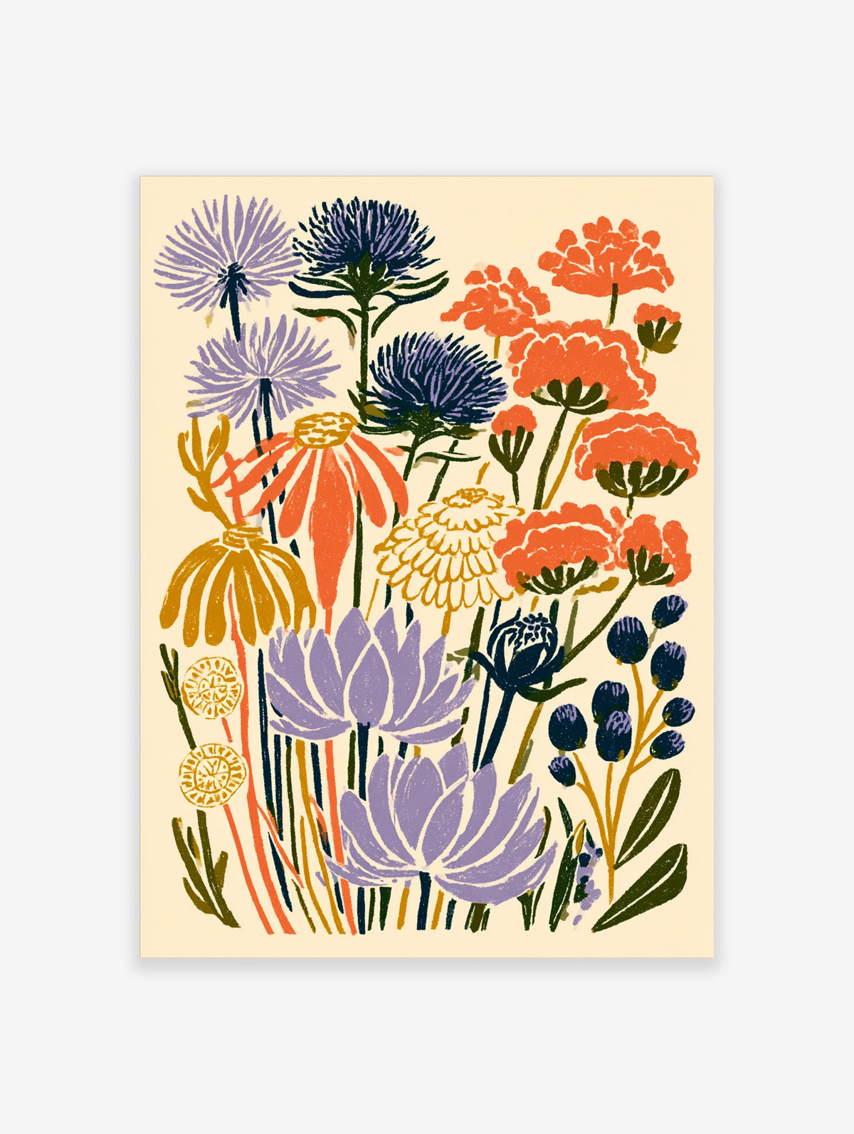 Purple and orange stylised botanical flower art print on cream background