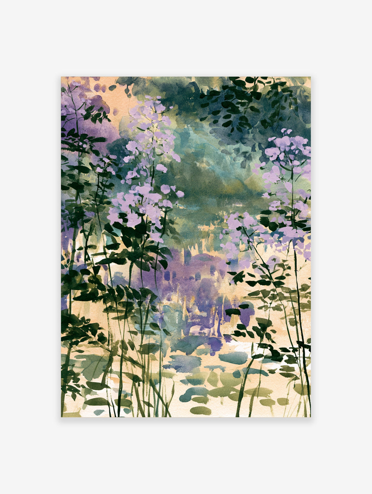 Purple watercolour flowers with dark green leaves on a peach background, botanical art print
