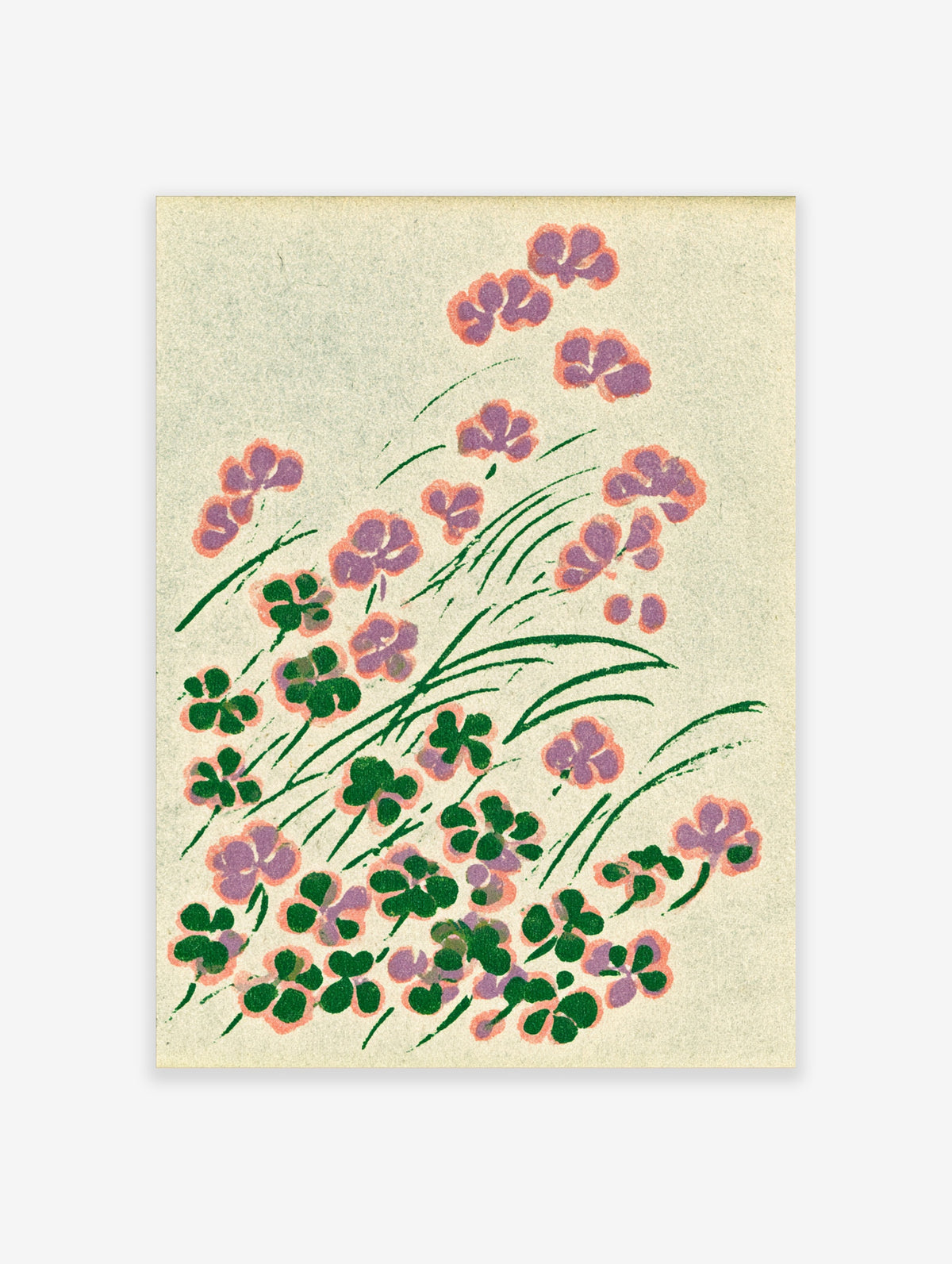 Purple clover flower botanical art print with green leaves on beige background