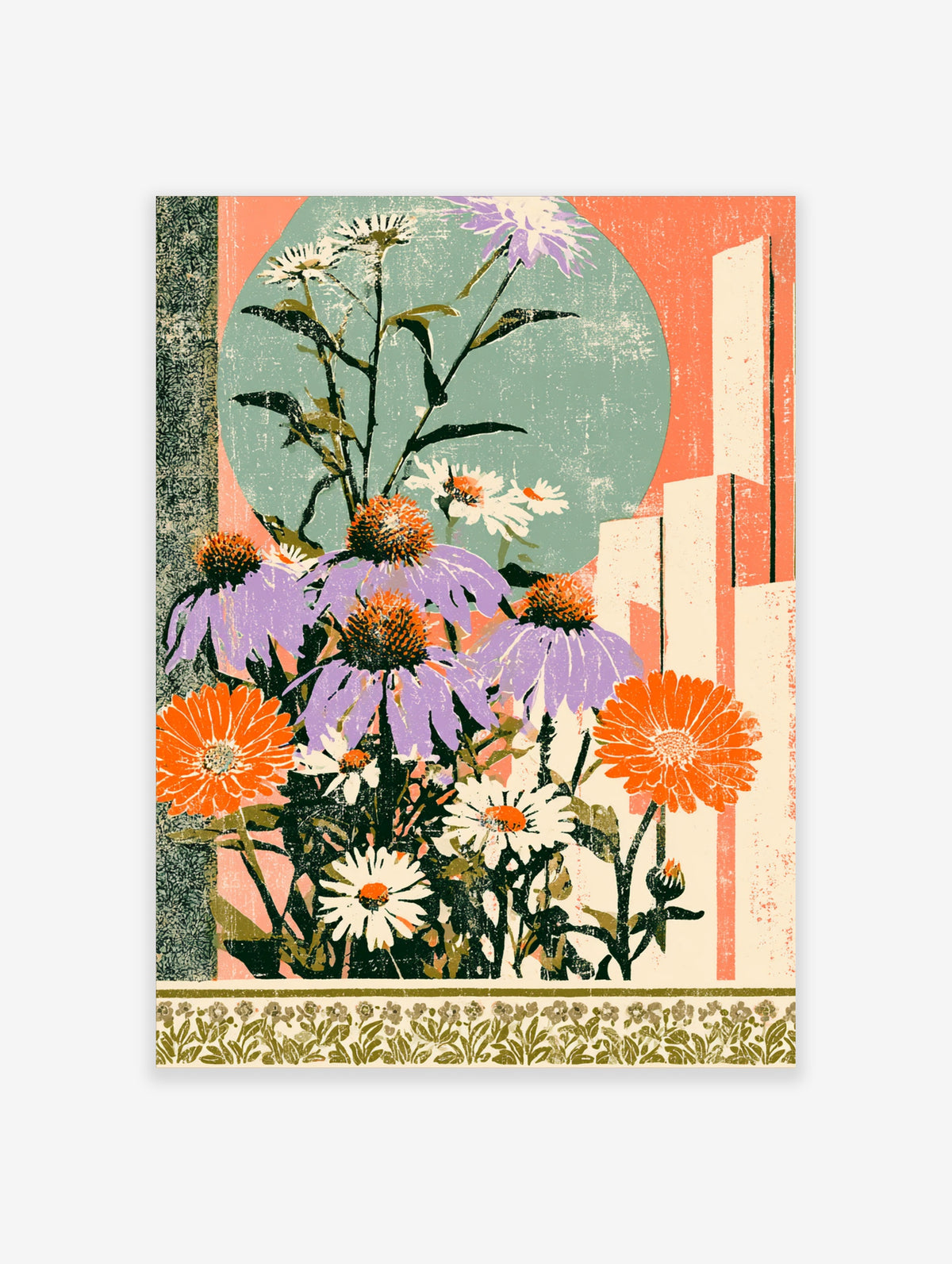 Purple coneflower and orange daisy retro botanical art print with teal circle and coral background