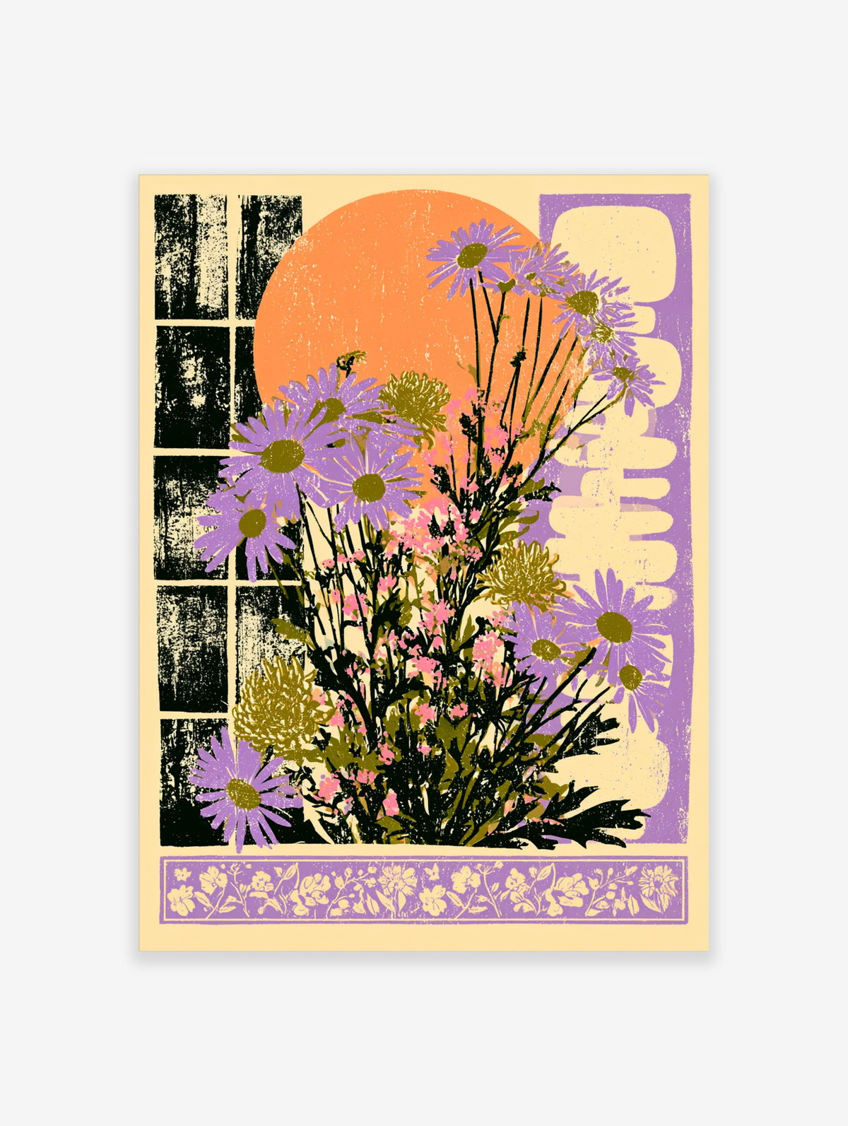 Purple daisy flower poster with black window frame, orange sun circle, and purple floral border