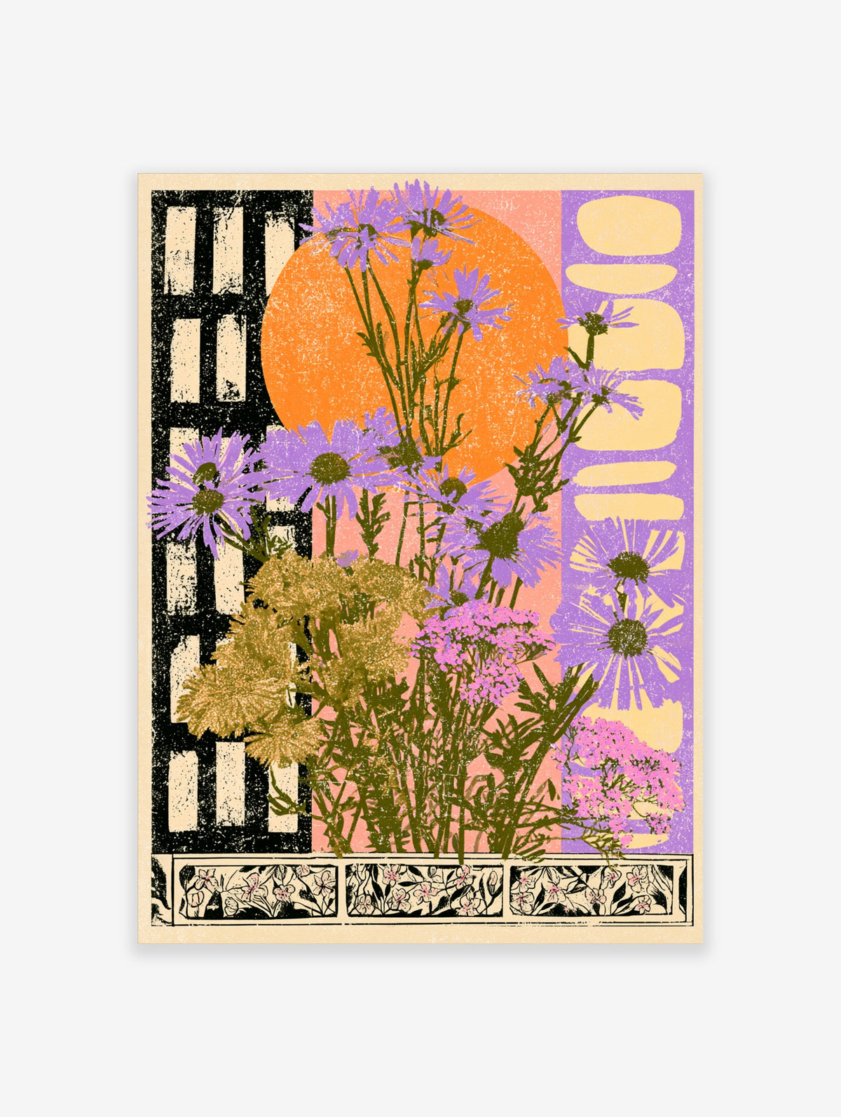 Purple daisy flower poster with orange sun, pink sky, and black grid pattern