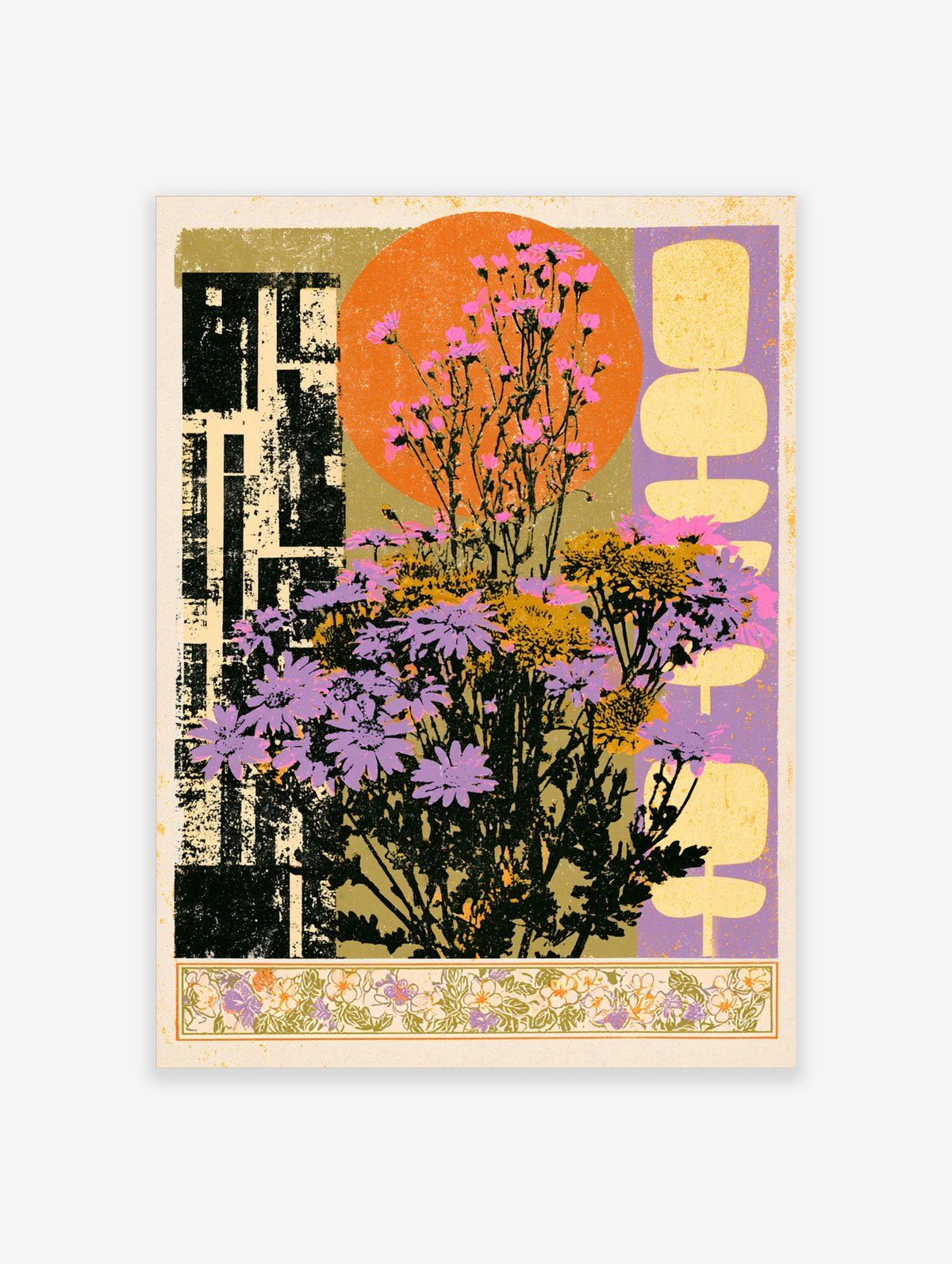 Purple daisy flower poster with orange sun, geometric blocks, and floral border
