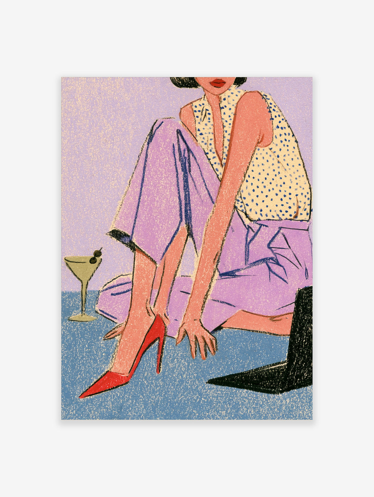 Purple fashion illustration poster of a seated woman in polka-dot top and red heels beside a martini glass